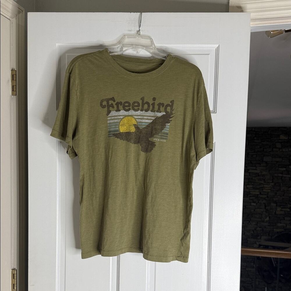 Life Is Good Olive Green Freebird Graphic Tee with Yellow Sun large